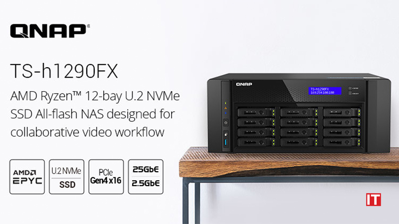 QNAP launches the TS-h1290FX, the first tower U.2 NVMe SATA All-Flash NAS, powered by AMD EPYC™, fulfilling 25GbE collaborative workflow environments